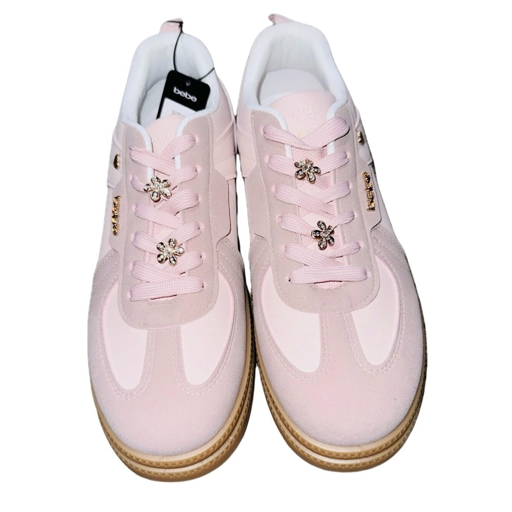 BEBE *NWT* Low Platform Sneakers | Pink w/ Floral Rhinestone Charms | Sz 10